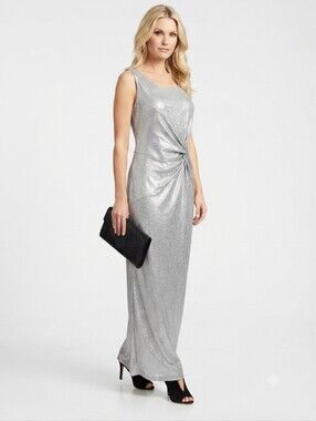 NWT Calvin Klein Twist Knat Sleeveless Evening Gown Silver Size 12